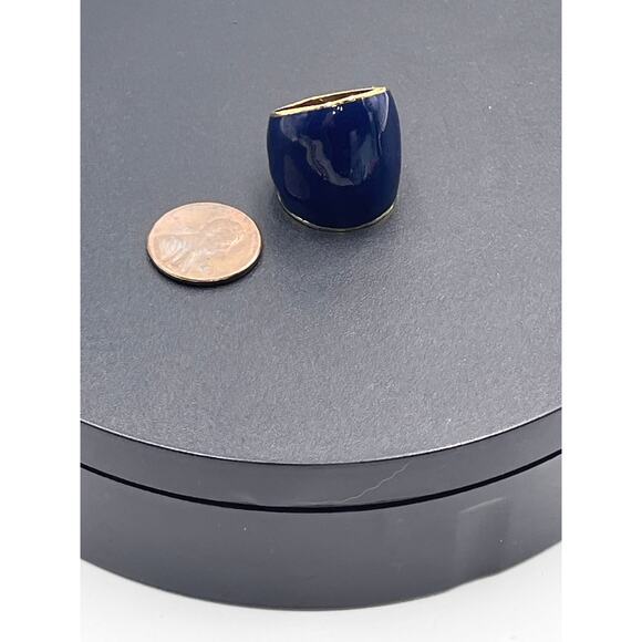 Designer Signed Wide Chunky Navy Blue Enamel Gold Tone Ring Sz 7 3/4 - Picture 7 of 8